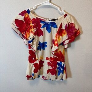 Skies Are Blue Womens XS‎ Floral Ruffle Flutter Sleeve Peplum Top Cream Red Blue